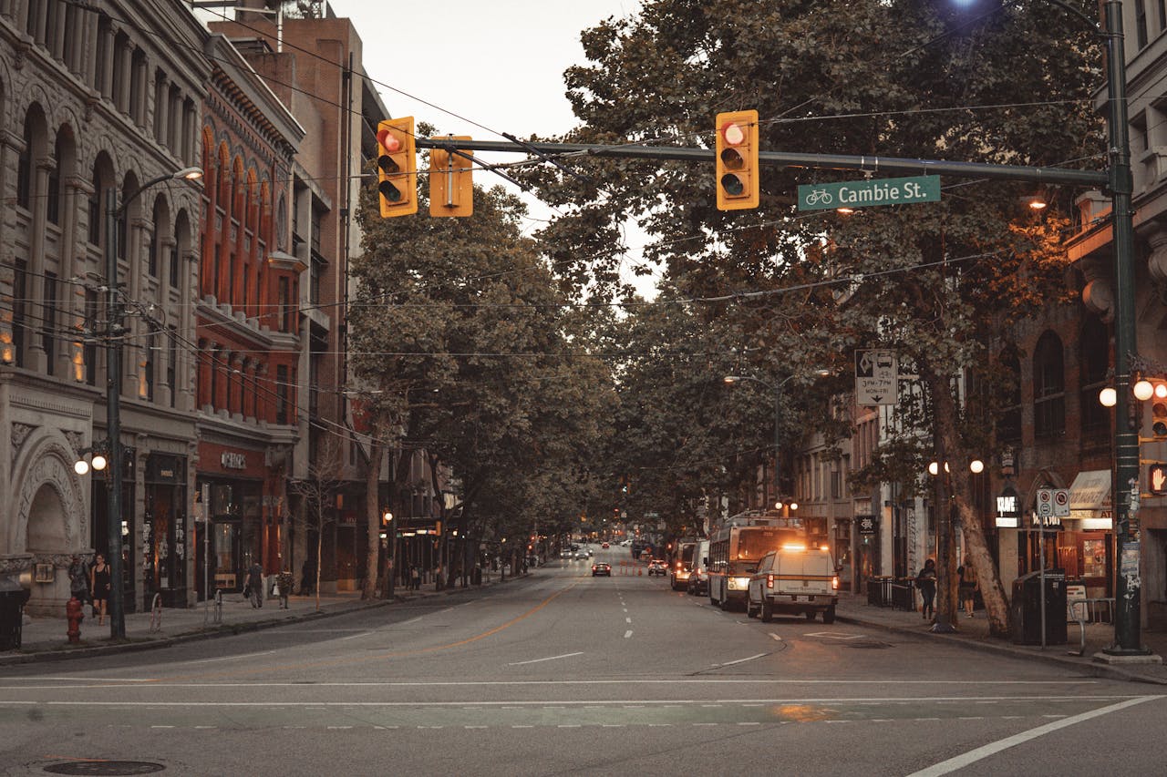 Urban Vancouver view with Cambie Street sign and autumn vibes.